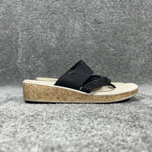 BZees Bora Bright Women's Sz 7 M Black Tan Machine Washable Thong Wedge Sandals - Picture 6 of 8